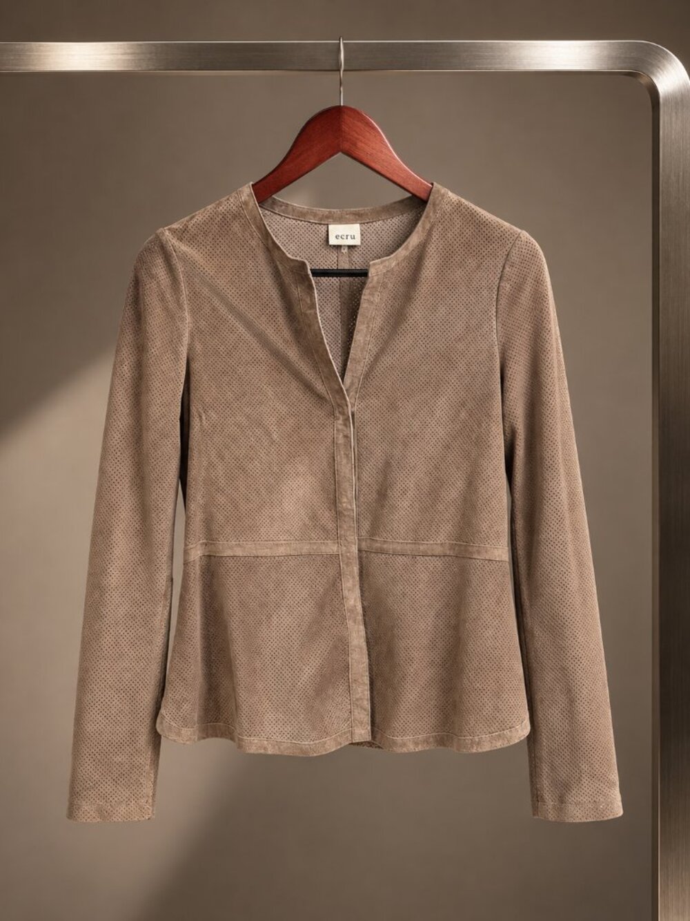 ecru Perforated Suede Leather Jacket Collarless Tan Taupe Unlined XS